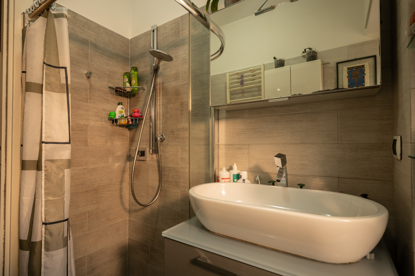 Uno dei bagni, con doccia walk-in e lavabo d'appoggio.